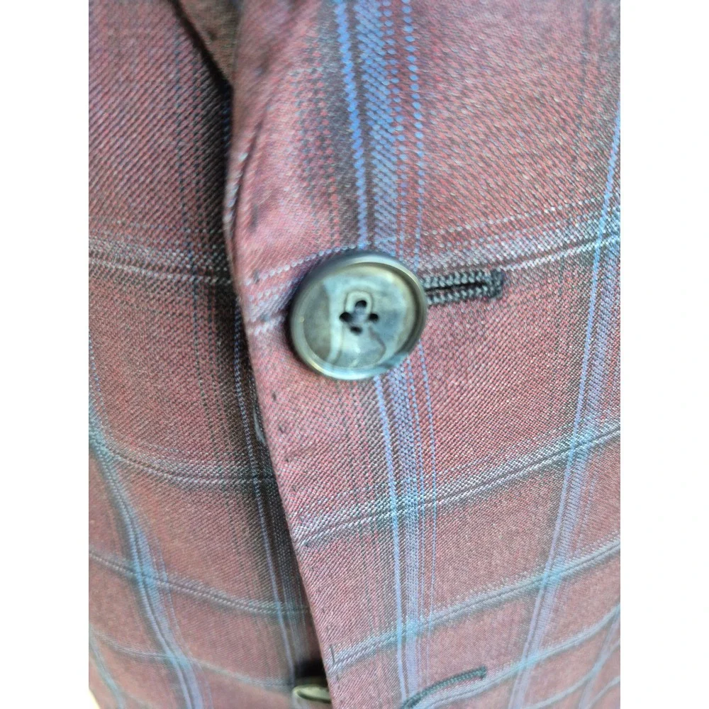 J. Hilburn Burgundy Blue Plaid Wool Sport Coat Blazer Portugal Custom 50 R L‎